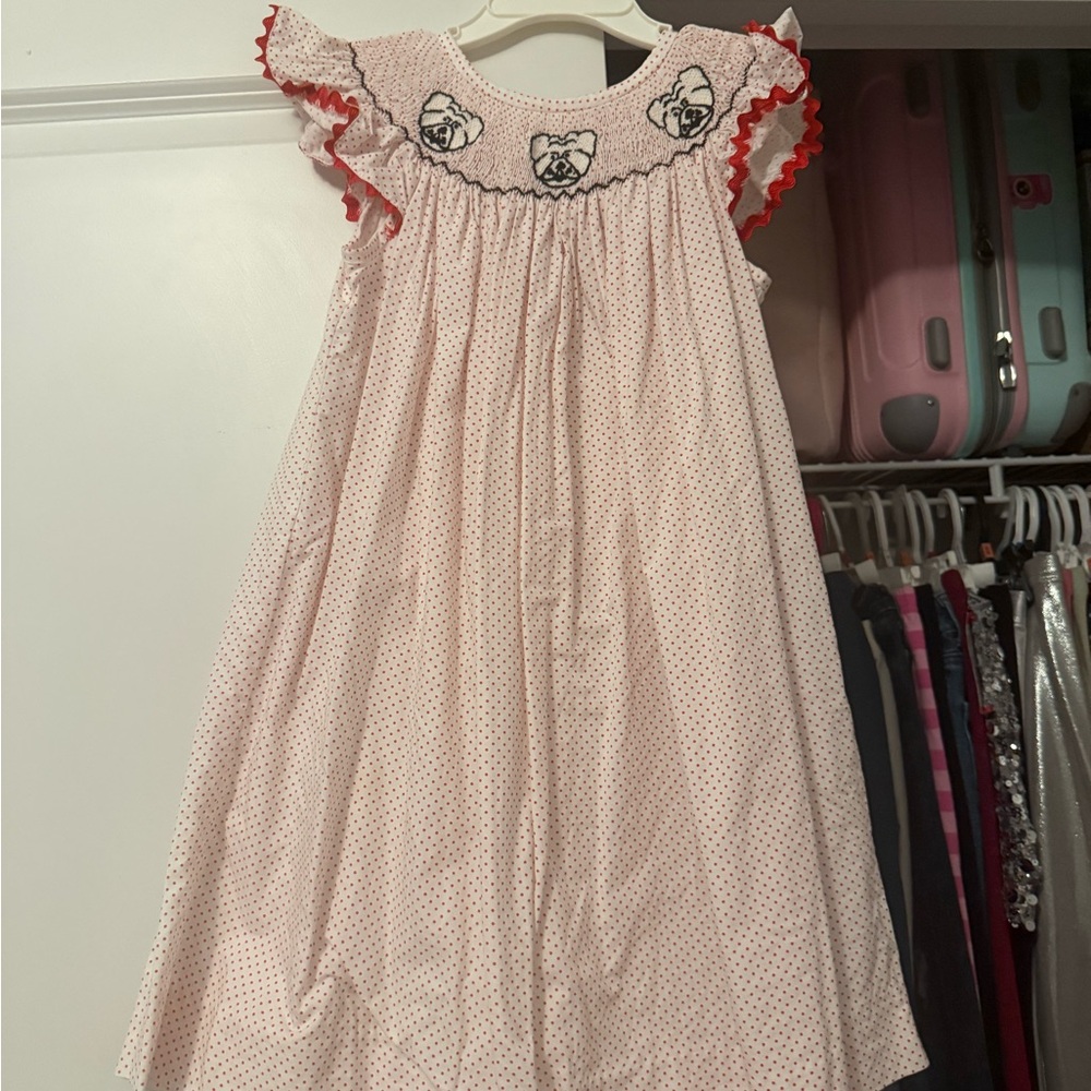 Red  smocked Polka Dot Dress with Embroidered Dogs
